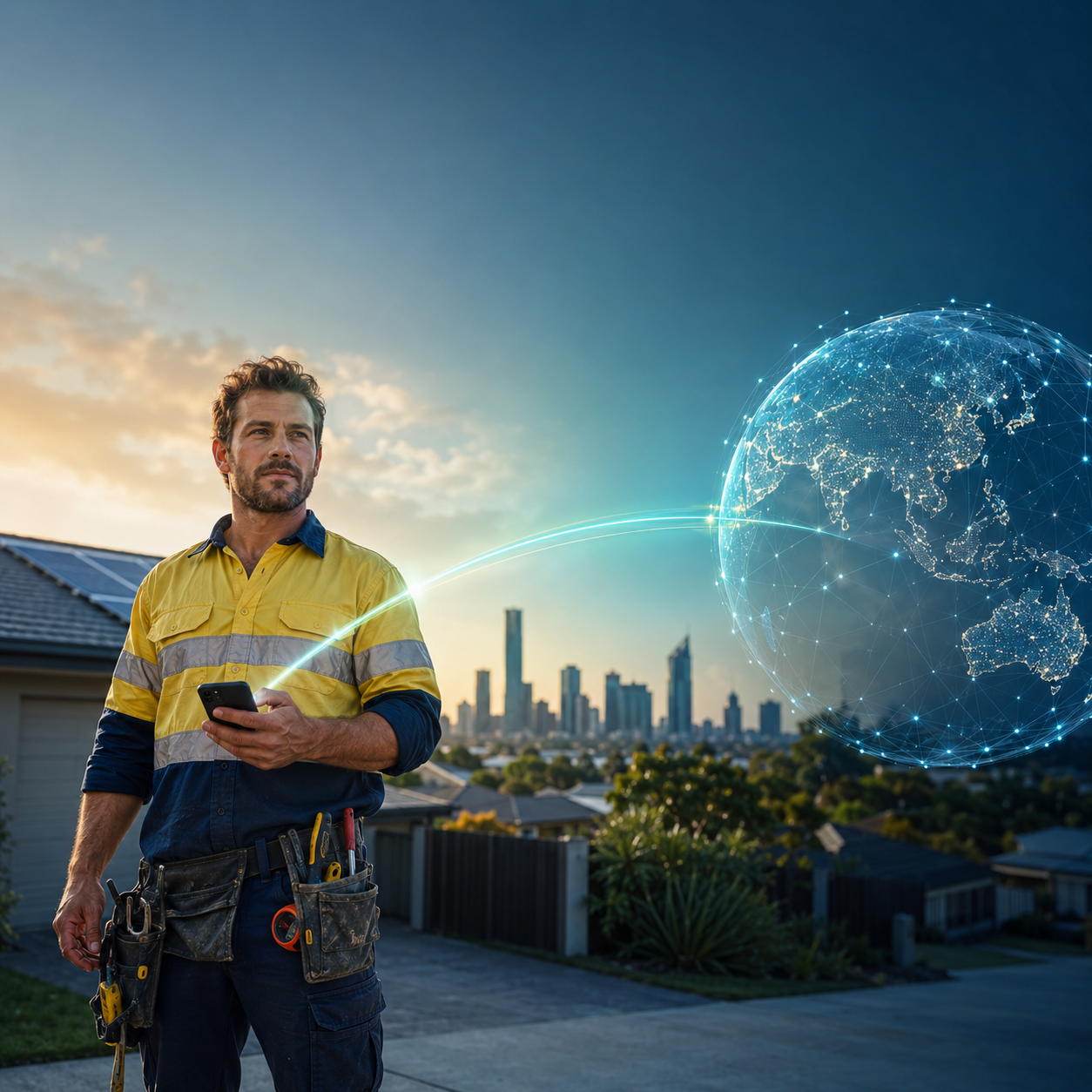 Australian tradie holding a phone with a glowing digital network connecting his local suburb to online growth