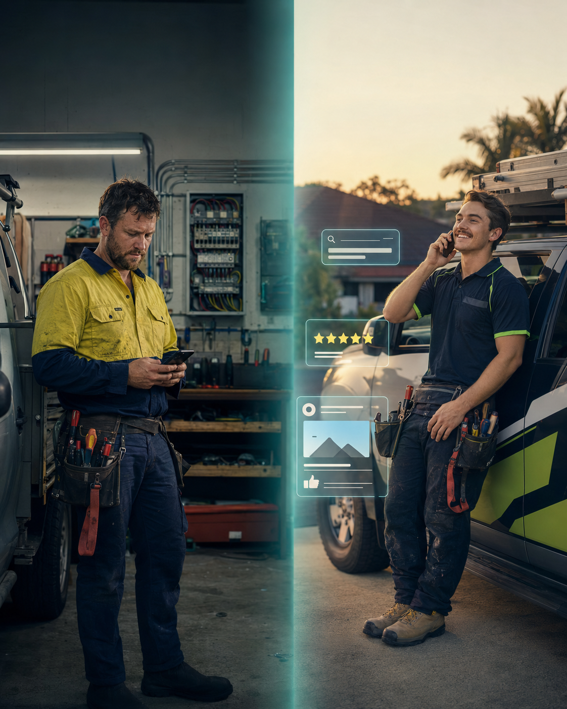 Two tradies side by side: one struggling without leads, the other busy with online enquiries