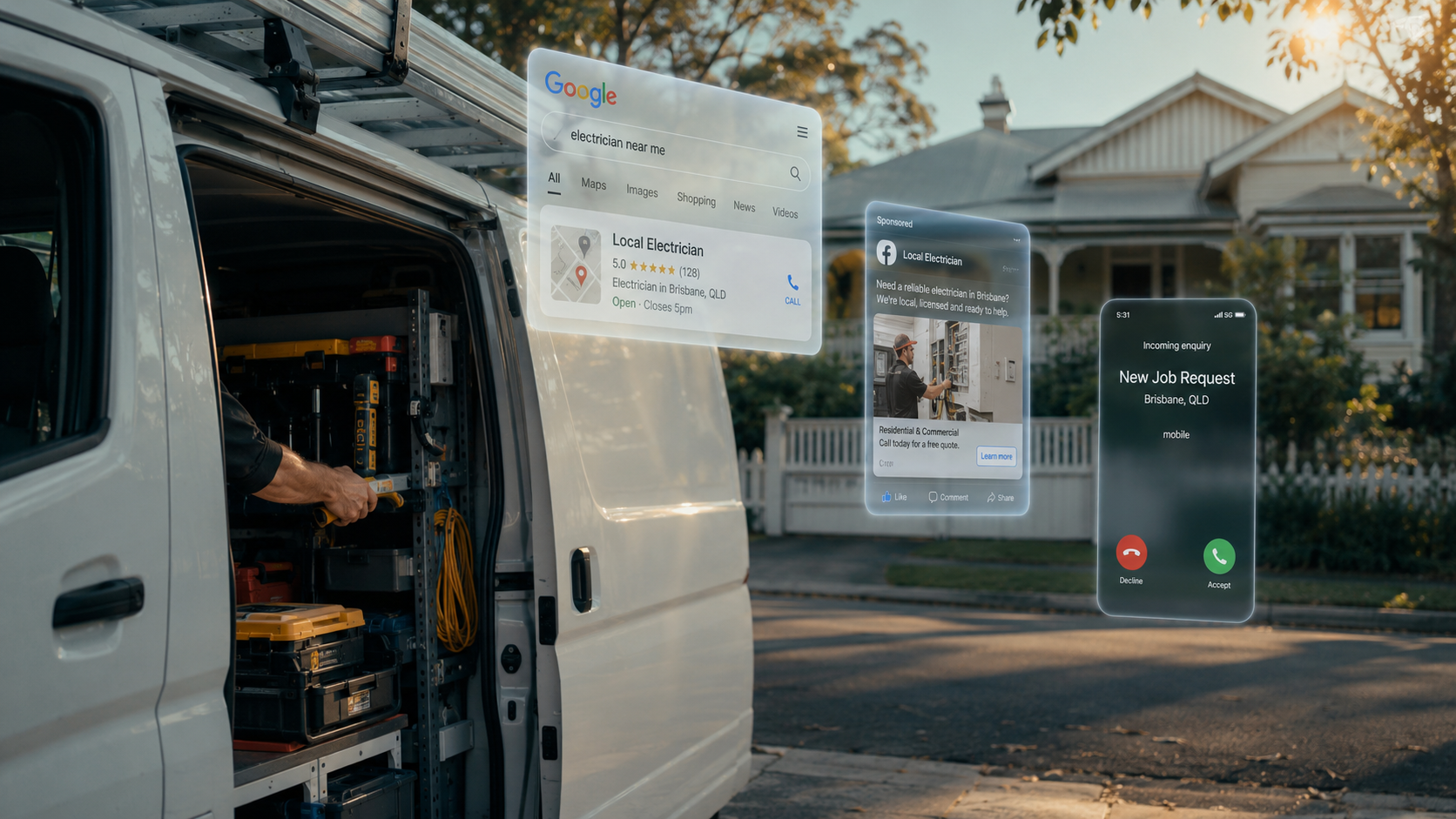 Tradie at his van with Google Search, Facebook ad and incoming call notifications floating around him