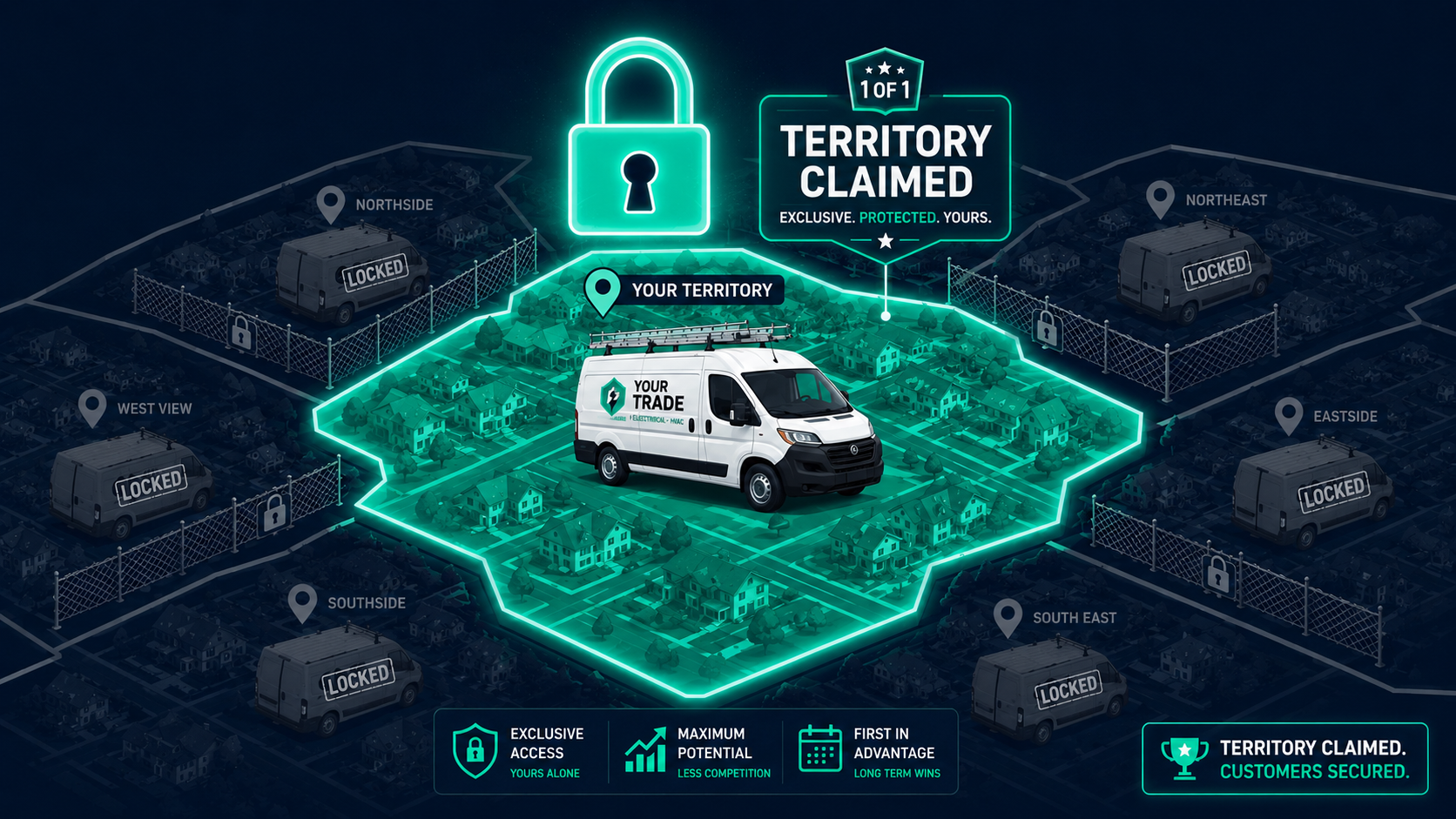 Diagram: your suburb locked in for your trade, surrounding suburbs locked out for your competitors