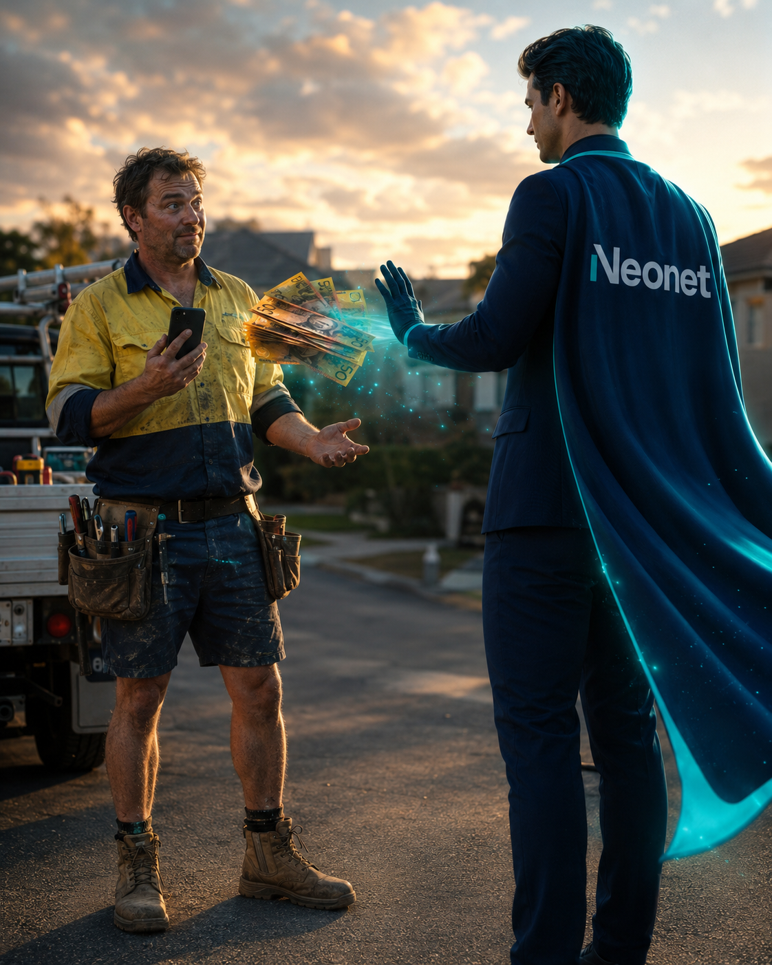 Neonet representative refusing money from a tradie, representing a no-lock-in growth offer